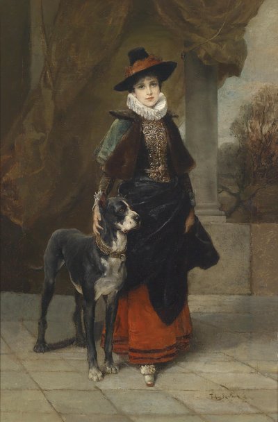 Portrait of a Lady in Historicizing Costume with a Great Dane by Friedrich August von Kaulbach